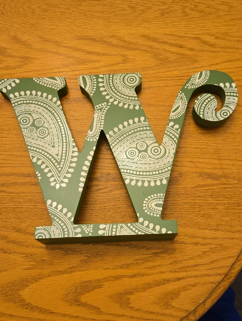 Decorative Wooden Letter 'W' in Sage Green with White Paisley